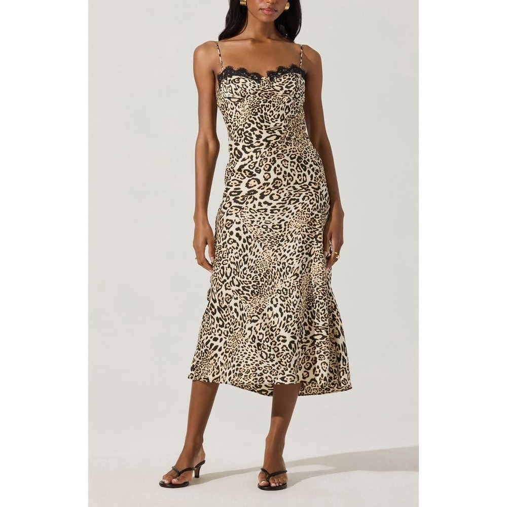 Astr Leopard Print Midi Dress with Black Lace Trim